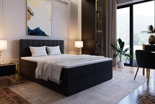 Marlux-Meble Boxspringbett 180x200 mit Bettkasten und Bett Kopfteil für Schlafzimmer - Bett mit Matratze und VISCO-Topper (Palermo II, Schwarz)