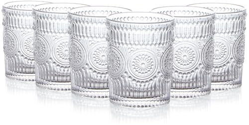 BIMUYI Romantische Trinkgläser, Vintage geprägte Glasbecher, Wassertassen, Kapazität 265ml, 6er Pack