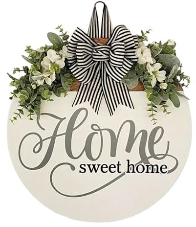 Monozoz Home Sweet Home Decorazione da parete | Home Sweet Home Cartello di benvenuto per porta d'ingresso | 30 cm rotondo in legno da appendere ghirlanda decorativa per porta primaverile, ghirlanda