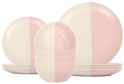 Nicola Spring 12pc Stoneware Dinner Set - Dusty Pink - 4-Person Dining Set Kitchen Ceramic Two Tone Dinnerware Crockery Plates and Bowls Set for Starters, Sides, Mains, Dessert