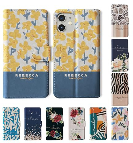 Tirita Personalised Wallet Phone Case for iPhone 11 With Card Holder – Leather Flip Case or Cover With Custom Name – Cute Personalised Gift for Women [04. Floral Yellow Flowers]