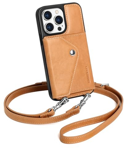 LUCKYCOIN Genuine Leather Crossbody Wallet Phone Case for iPhone 14 Pro TAN | 100% Premium Full Grain Leather, with Expandable Card Holder, with Adjustable Strap, Hands-Free Wallet Cover for Woman, Tan