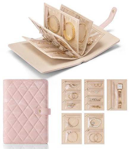 Vlando Jewellery Organiser, Foldable Earring Storage Organiser, Travel Jewellery Case with 5pcs Velvet Jewellery Pouches Bag for Necklace, Earring, Bracelets, Ring, Brooches(Sand pink)