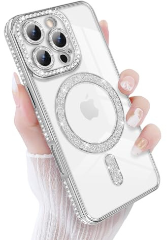 Newseego for iPhone 16 Pro Case Magnetic Glitter Clear, Silver | Compatible with MagSafe, Bling Diamonds, for Girls Women, Soft TPU, Slim Fit, Shockproof Cover, Full Camera Protection