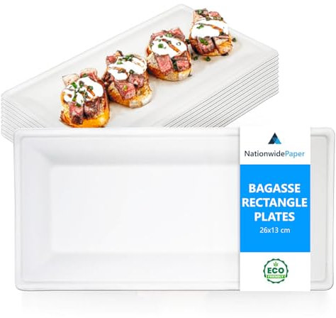 Nationwide Paper 26x13cm Bagasse Rectangular Plates, Serving Trays, Eco-Friendly Heavy Duty Natural White Sugarcane Platters, for Picnic, Party, BBQ, and Starters, Appetiser Dishes, Pack of 100