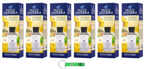 6 deodorante per ambienti Felce Azzurra, diffusore con bastoncini – Diffusore a Bastoncini – Tè bianco e profumo Osmanthus 120 ml + portachiavi Beni Culinari gratuito