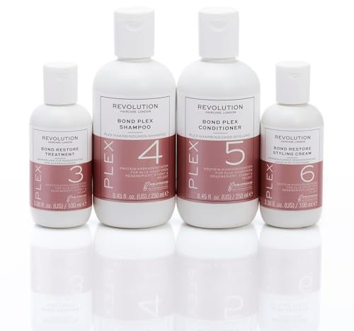 Revolution Haircare Plex Bundle: Bond Restore Treatment 100ml, Bond Shampoo 250ml, Bond Conditioner 250ml, Bond Restore Styling Cream 100ml - 4-teiliges Haarpflege-Set für geschädigtes Haar.