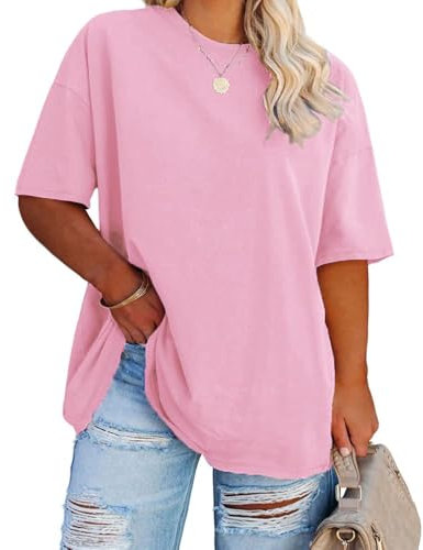 Fisoew Damen Große Größen T-Shirt Halbarm Shirt mit V-Ausschnitt Sommer Lose Basic Oberteil Oversize Kurzarm Baumwolle Tee Tops(Rose, 4XL)