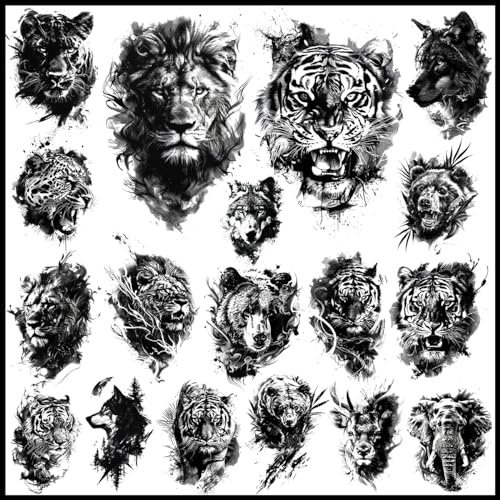 CHARLENT 18 Stück Realistische Tier Temporäre Tattoos Erwachsene, Schwarz | Tiger, Bär, Löwe und Wolf Tattoos als schwarze Body Art, ideal für Männer und Frauen, für Arm, Brust und Schulter