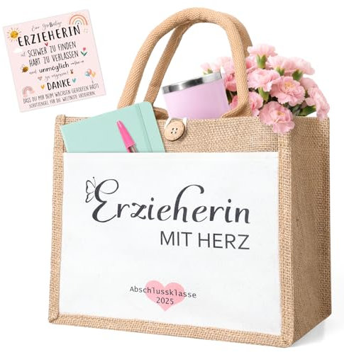 iZoeL Dankeschön Geschenk Jutetasche Erzieherin mit Herz, abschiedsgeschenk Danke Geschenk für Erzieherin Lehrerin Jute Handtasche mit Danke Grußkarte Geschenkbox