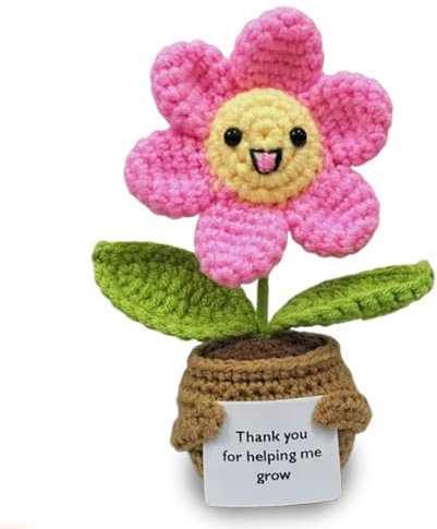 Positive Sunflower Crochet Flowers Handmade Emotional Support Knitted Flowers with Encourage Card Plant Pot Decoration for Office Desk Car Dashboard Decor Sunflower Gifts for Women Girls