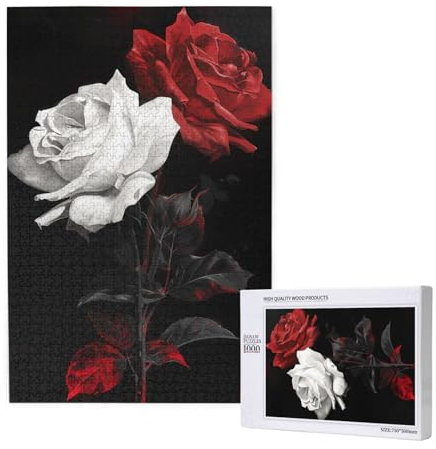 Schwarz-weiße und rote Rosen, gedrucktes Intelligenz-Puzzle aus Holz, 50 x 75 cm, 1000 Teile (verpackt), Lernspiel für Erwachsene, Heimdekorationspuzzle