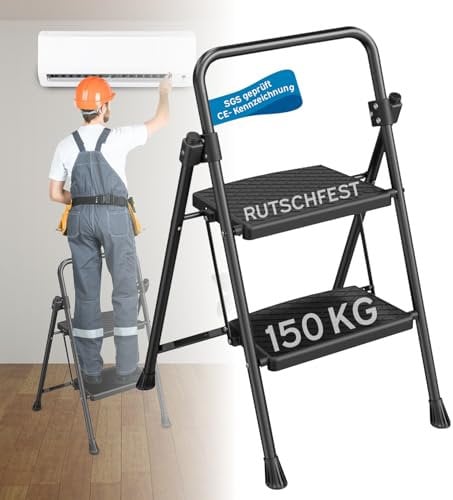 kör4u Trittleiter 2 Stufen – bis 150 kg belastbar, klappbar & platzsparend, stabile Haushaltsleiter, rutschfeste Stufen, Stahlrahmen, schwarz