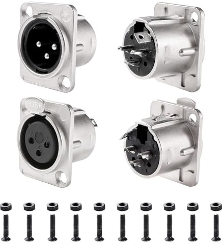KUOQIY 4 Piezas Adaptador de Audio Montaje en Panel XLR de 3 Pines, XLR Macho y Hembra Conectores de Montaje en Panel de Chasis Serie D, con Tornillo, Carcasa de Metal Plata