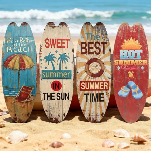 HUASUN 4er Set Surfboard Wanddekoration aus Holz, Tropische Strand & Küsten Deko für Wohnzimmer, Bar, Badezimmer im Vintage Stil