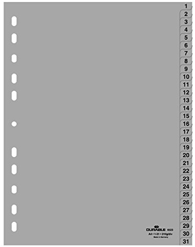 Durable Zahlenregister 1-31 (A4, geprägte Taben, PP volldeckend), grau, 652310 (1-31 | 10er Pack)