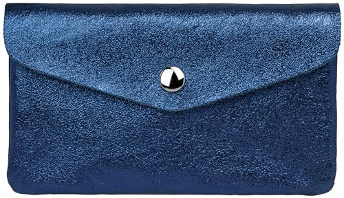 Caspar Echt Leder Geldbeutel Damen Portemonnaie mittelgroße Geldbörse mit Reißverschluss & Druckknopf - GB417 - Made in Italy, Farbe:dunkelblau metallic, Größe:Mittelgroß (16cm x 10cm)