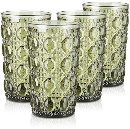 Joeyan Vintage Drinking Glasses, 400ml/14oz Embossed Colored Highball Glass Water Tumbler with Gems Design, Heavy Duty Tall Glassware Cup Set for Juice Beverages Cocktail Beer, Set of 4, Green