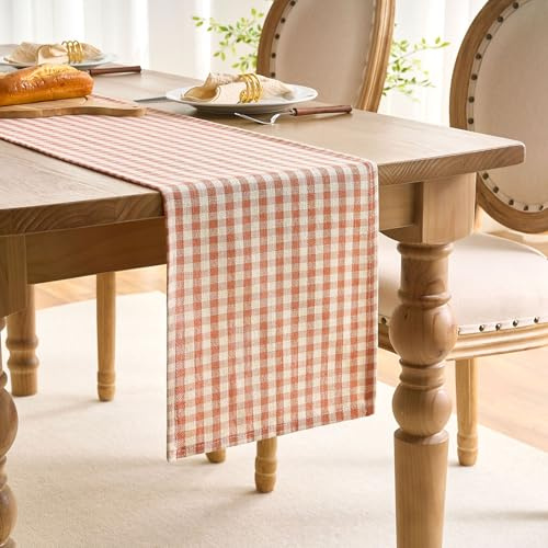 Tischläufer Landhaus Karo Orange Gewebte Textur Tisch Läufer Tischband 30x140 cm Klassisches Karomuster für Herbst Ihren Cafés Catering Hochzeiten Brunches Buffets Partys