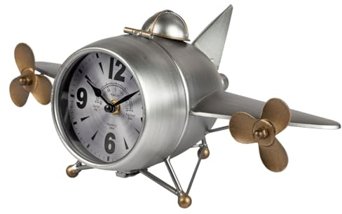 formano Metall Standuhr Flugzeug 36cm 3D Metall Uhr Silber XL Dekoration | Wohnzimmer Vintage Flugzeug-Deko |Quarzuhrwerk Handgefertigt Clock Groß