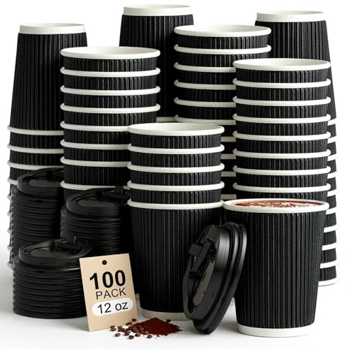 ALEXPRE 12oz 100 Pack Black Disposable Coffee Cups with Lids | Insulated Ripple Triple Wall Paper Cups, Disposable Cups for Takeaway Hot&Cold Drinks, Office, Home, Cafe, Party, Travel
