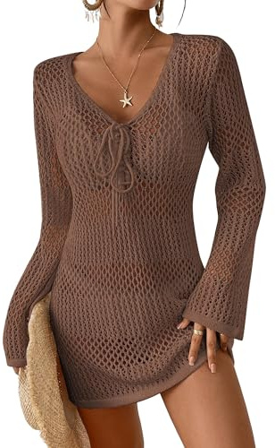 Bsubseach Women Swimsuit Crochet Coverup Long Sleeve V Neck Beach Knit Bathing Suits Cover Ups Mesh Bikini Hollow Out Dress Brown M