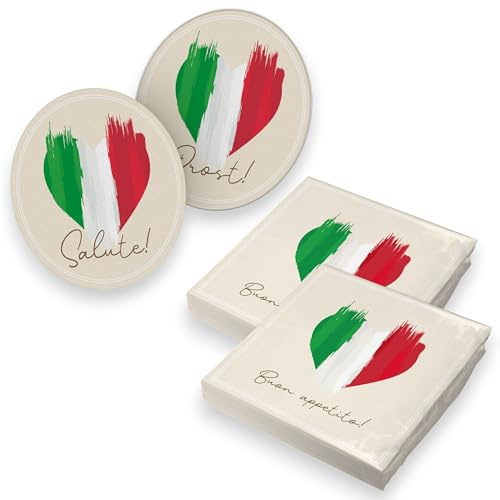 itenga Flaggen Edition – Tischdeko mit internationalem Flair - 40x Servietten mit 40x Bierdeckel – perfekt für Party, Grillabend, Restaurant & Deko (Italien 2)