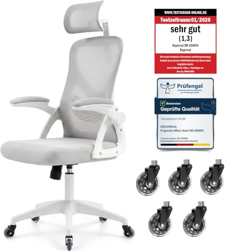 Bürostuhl ergonomisch mit Kopfstütze – Schreibtischstuhl Netz 200kg | Verstellbare Lendenstütze & 2D-Kopfstütze, klappbare Armlehnen, leise Silent-Rollen, höhenverstellbar, Homeoffice & Büro