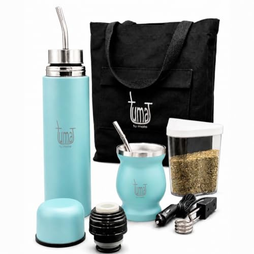 TUMA TU MATE Kit completo Yerba Mate con doppio tappo AutoMate Thermo Bottle, Mate Cup & Bombilla, 750 ml a doppia parete in acciaio inox, borsa di tela, contenitore Yerbero e riscaldatore per auto