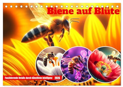 Biene auf Blüte - Faszinierende Details durch künstliche Intelligenz (Tischkalender 2026 DIN A5 quer), CALVENDO Monatskalender: Makrofotografierten ... Intelligenz gestaltet. (CALVENDO Tiere)