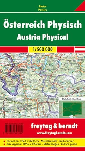 Österreich physisch, 1:500.000, Poster metallbestäbt: 120 x 88 cm, physische Karte (freytag & berndt Poster + Markiertafeln)