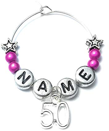 Libby's Market Place Personalised 50th Birthday Golden Wedding Anniversary Wine Glass Charm on a Gift Card
