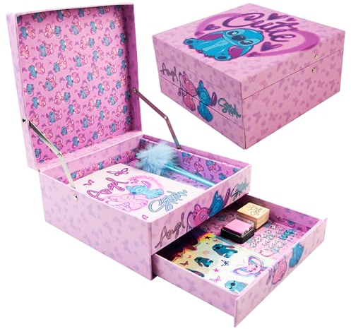 Disney Stitch Quaderno Set Cancelleria Bambina Ragazza Diario DIY Journaling Kit con Timbro Penna Adesivi Gemme Idee Regalo (Rosa Stitch)