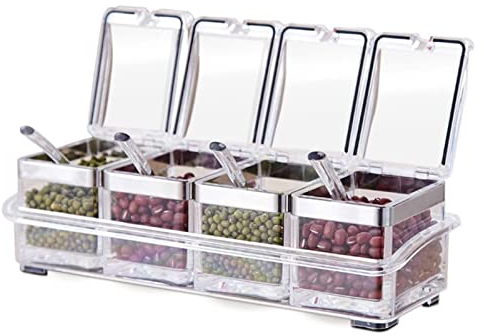 TENTA KITCHEN Airtight Gourmet Acrylic Seasoning Box - Premium Quality Pure Acrylic Container and Case- 18/8 Stainless Steel Ring - 4 Serving Spoons -Luxurious Condiment Cruet Bottle, Spice Jar Set