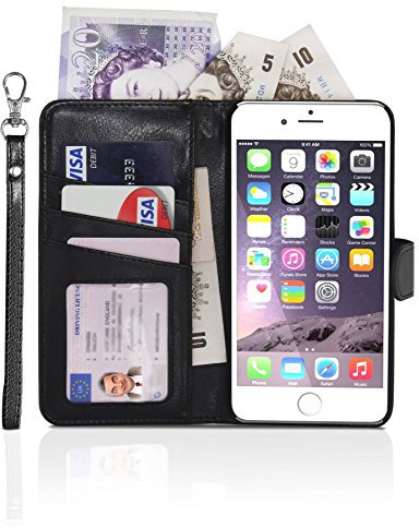 Gadget Giant® Apple iPhone 6 Plus / 6s Plus Full Wallet - Hand Made Leather Pocket Wallet Case Cover in Book Style with Screen Protector Film & Lanyard Wrist Strap Hand Crafted - Black