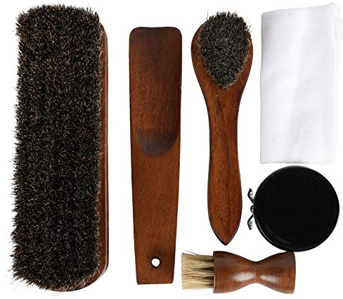 Esschert Design Wooden Boot Cleaning Kit with Foot Rest - includes Brushes, Shoe Dauber, Shoe Horn, Polish & Cloth