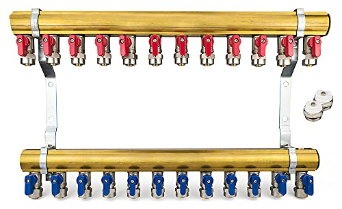 Messing Heizkreisverteiler 12 Heizkreise Set mit 24 x PEX Kugelhahn mit Klemmring 16mm x 1/2 AG & 2 x Entlüfter & 2 x Blindstopfen 1 Zoll | Systemverteiler Zentralheizung 2-12 Fach Verteiler Heizung