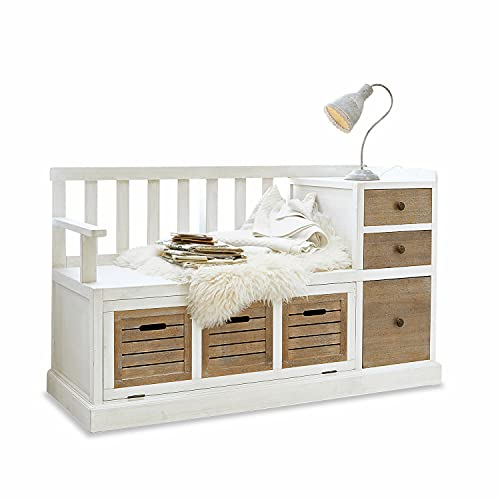 Loberon Bank Elton, Sitzgelegenheit mit Aufbewahrung, Charmanter Shabby Chic, Zweifarbig, viel Stauraum, Sitzmöbel, Tannenholz, Paulowniaholz, Teakholz, antikweiß/antikbraun