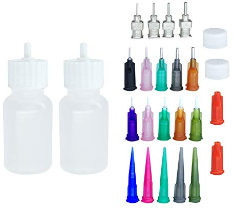 Xmasir Mehrzweck-Präzisions-Applikator JAC-Flasche für Henna-Set 2 Stk.1 Unze.Flasche mit 4 Stk.Verschlusskappen und 16 Stk.Nadelspitzengrößen