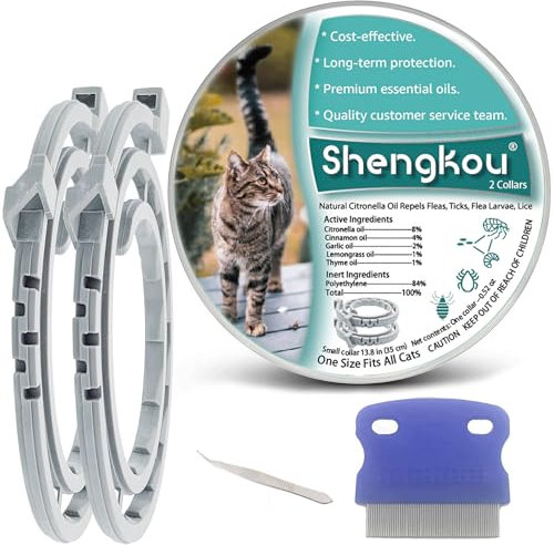 Flea and Tick Collar for Cats - Offers 12-Month Protection, Crafted with Premium Plant Oils, Waterproof, Natural, Safe for Kittens, Includes Free Comb and Tweezers, 13.8 in (2 Packs)
