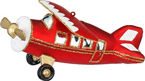Christbaumschmuck Glas 12cm Oldtimer Flugzeug mit Propeller Weihnachtskugeln rot