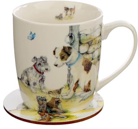 Puckator Jan Pashley Dogs Porcelain Tea Coffee Mug & Coaster Set - Funny Home Accessories - Cute Gifts for Girlfriend - Large Mugs for Men Women Hot Drinks - Cups Presents - Secret Santa Gift Cup Set