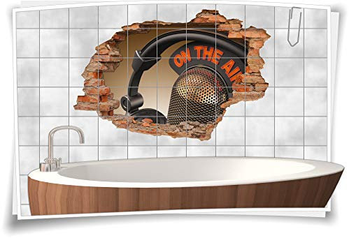 Medianlux 3D Fliesen-Bild Fliesen-Aufkleber On The Air Kopfhörer Mikrofon Radio Studio Deko, 105x70cm, 20x25cm (BxH)