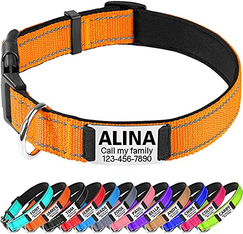 TagME Hundehalsband personalisiert, Reflektierendes gepolstertes Nylon Hundehalsband für mittelgroße Hunde mit Namen und Telefonnummer