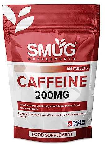 SMUG Supplements Caffeine Tablets - 100 Fast Release 200mg Pills - Improve Focus and Boost Performance and Energy - Vegan Friendly - Made in Britain