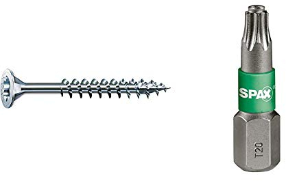 SPAX Universalschraube, 5,0 x 80 mm, 200 Stück, T-STAR plus, Senkkopf, Teilgewinde, 4CUT, WIROX A3J, blank verzinkt, 0191010500805 & BIT T-STAR plus T20, 6,4 x 25 mm, 5 Stück in der Dose