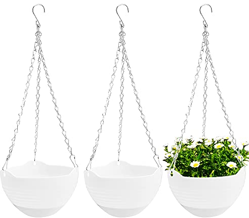 3 vasi da 20,3 cm, rotondi autoirriganti, da appendere, con vassoio d'acqua e catena in metallo, contenitore per piante grasse, per interni ed esterni, giardino, balcone, decorazione da parete, bianco