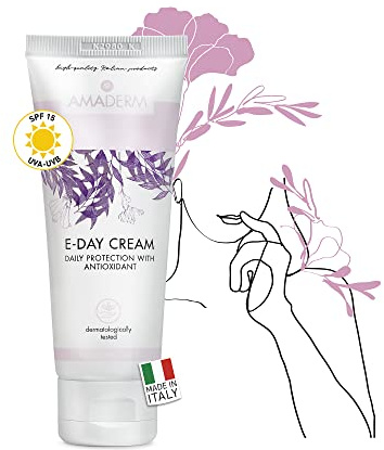 AMADERM E-DAY Tages-Feuchtigkeitscreme für Gesicht, MADE IN ITALY Anti Aging und Antioxidantien Gesichtscreme für Damen mit LSF, Vitamin E und Antioxidans 75ml
