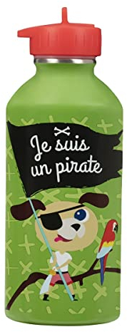 Gourde enfant Acier inoxydable DRAEGER PARIS - Facile à nettoyer - gourde réutilisable - Idéale pour parc, école - Contenance 300ml - 17 cm x 6,5 cm - Vert - Message inscrit : Je Suis Un Pirate