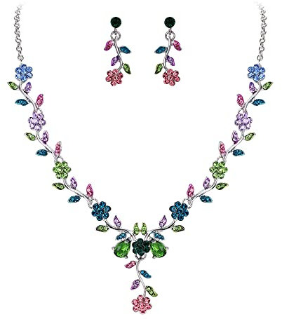 Clearine Damen Hochzeit Schmuck Set Blatt Cluster Blume Kristall Anhänger Halskette baumeln Ohrringe für Braut Mehrfarbig Silber Tone